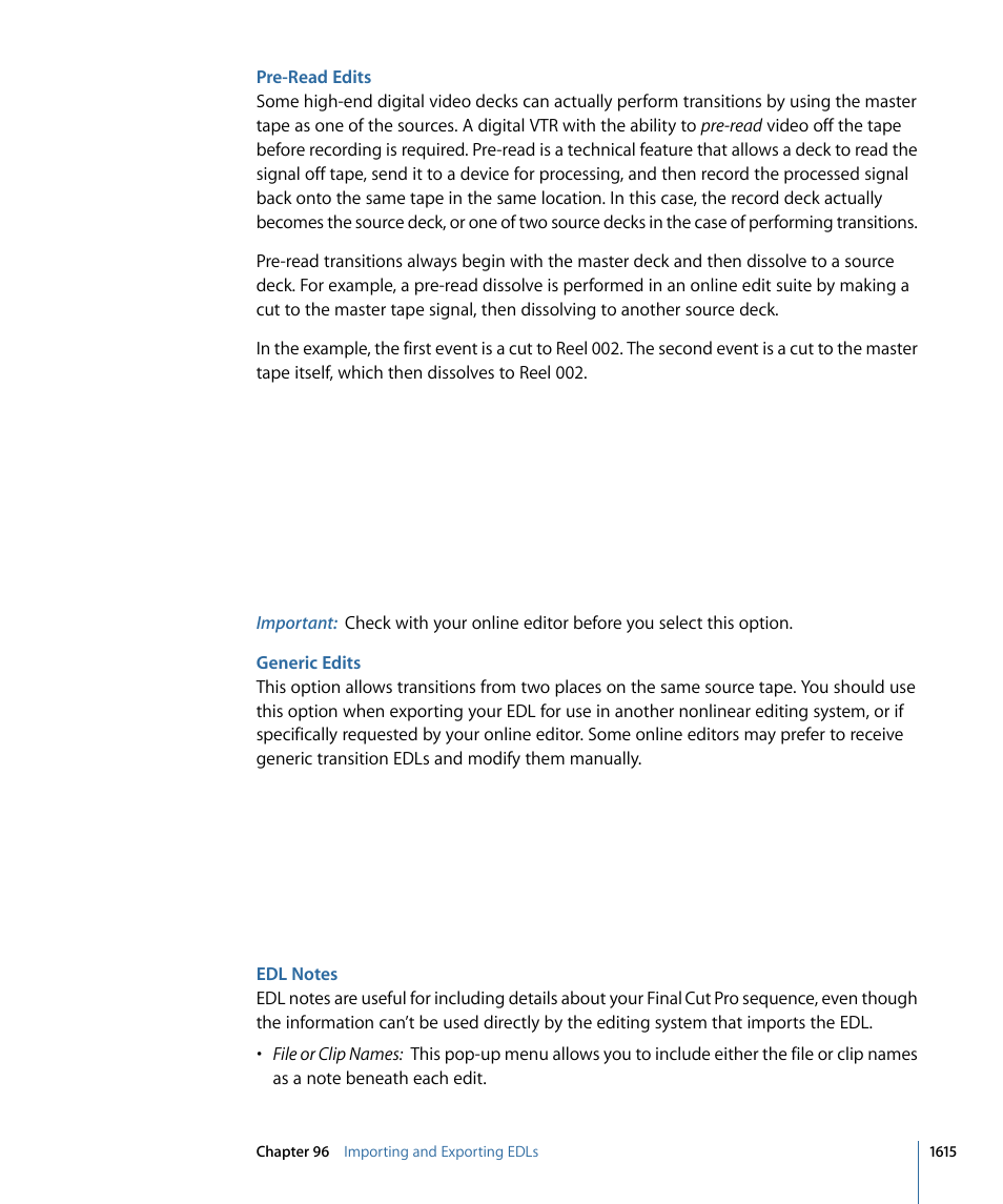 Pre-read edits, Generic edits, Edl notes | Apple Final Cut Pro 7 User Manual | Page 1615 / 1990