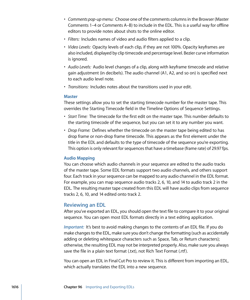 Master, Audio mapping, Reviewing an edl | Apple Final Cut Pro 7 User Manual | Page 1616 / 1990