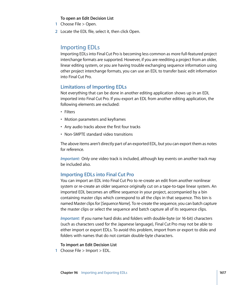 Importing edls, Limitations of importing edls, Importing edls into final cut pro | Apple Final Cut Pro 7 User Manual | Page 1617 / 1990