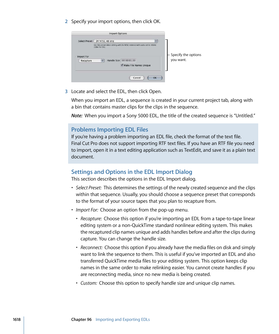 Settings and options in the edl import dialog, Problems importing edl files | Apple Final Cut Pro 7 User Manual | Page 1618 / 1990