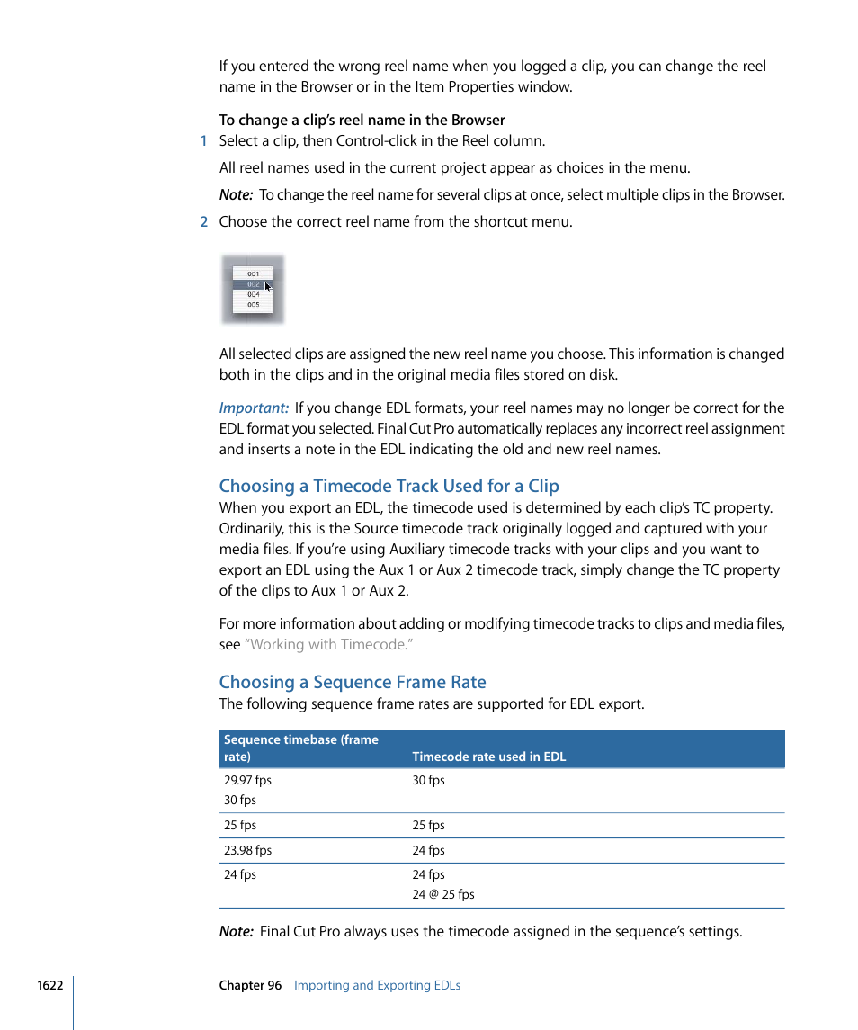 Choosing a timecode track used for a clip, Choosing a sequence frame rate | Apple Final Cut Pro 7 User Manual | Page 1622 / 1990