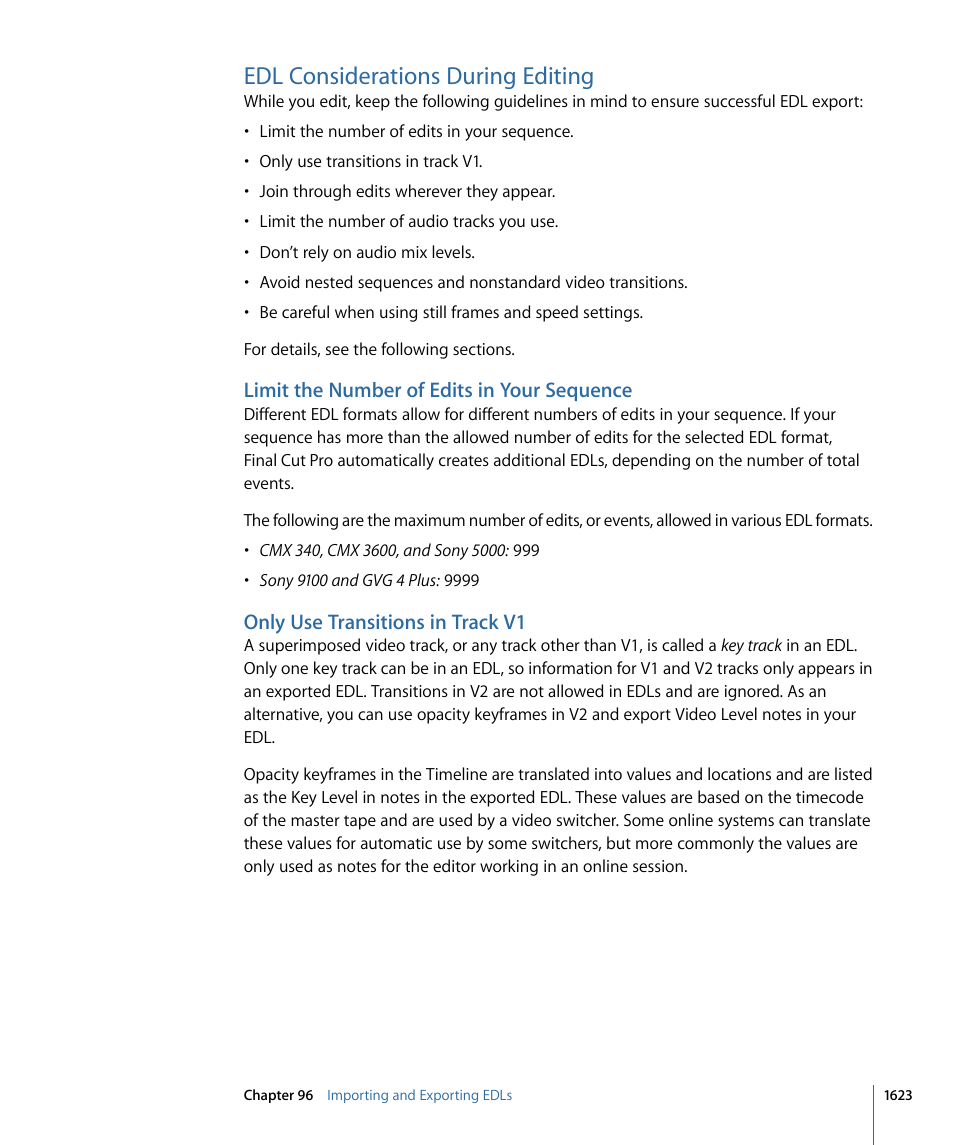 Edl considerations during editing, Limit the number of edits in your sequence, Only use transitions in track v1 | Apple Final Cut Pro 7 User Manual | Page 1623 / 1990