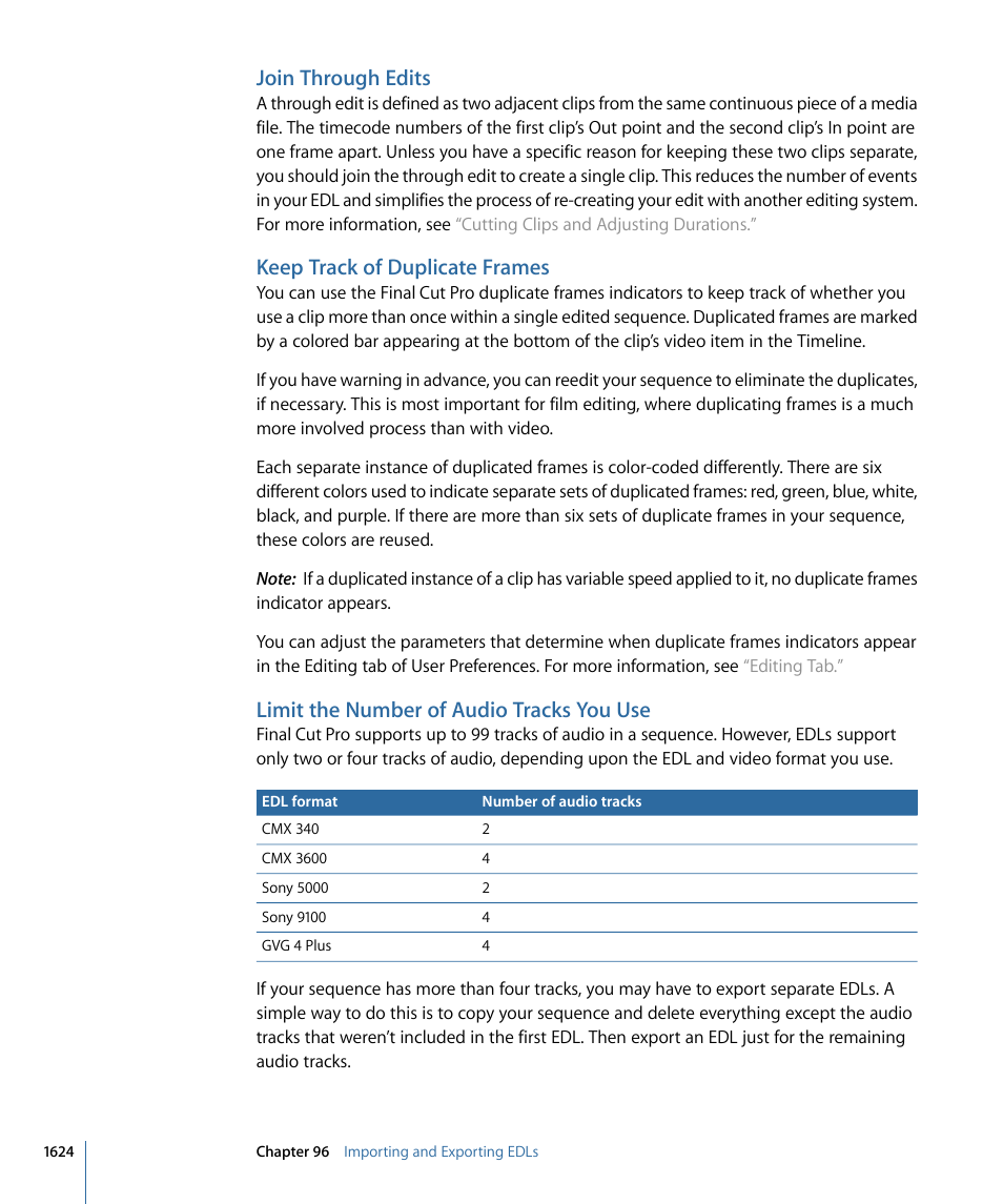 Join through edits, Keep track of duplicate frames, Limit the number of audio tracks you use | Apple Final Cut Pro 7 User Manual | Page 1624 / 1990