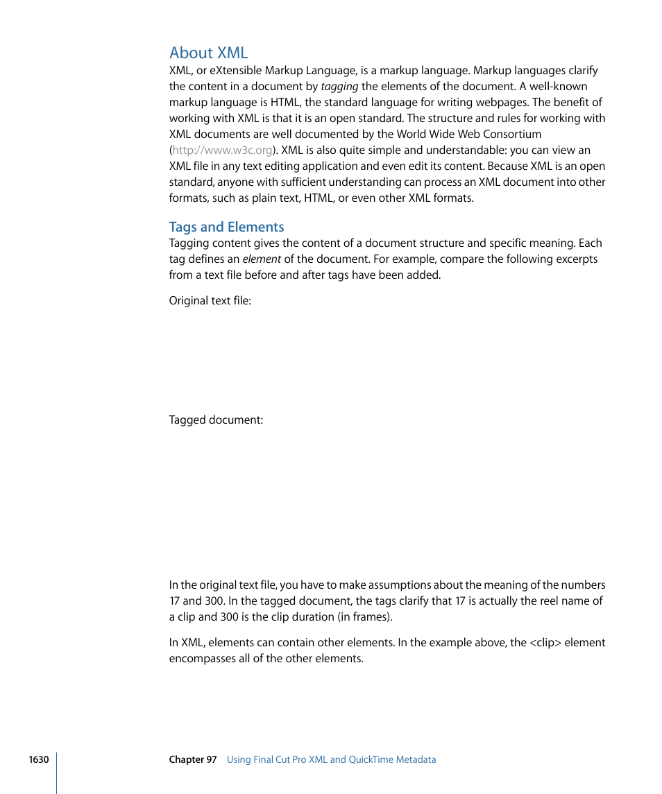 About xml, Tags and elements | Apple Final Cut Pro 7 User Manual | Page 1630 / 1990