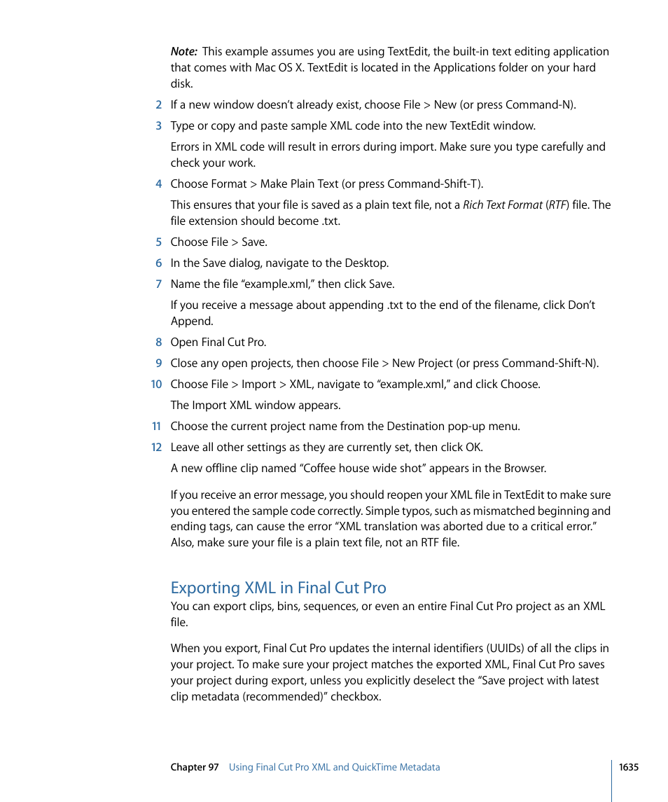 Exporting xml in final cut pro | Apple Final Cut Pro 7 User Manual | Page 1635 / 1990