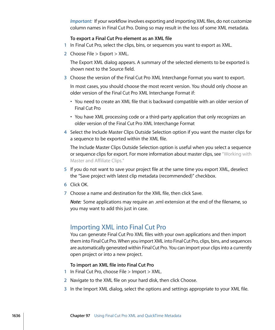 Importing xml into final cut pro | Apple Final Cut Pro 7 User Manual | Page 1636 / 1990