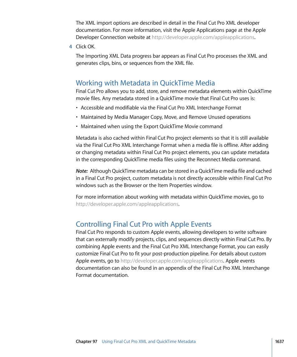 Working with metadata in quicktime media, Controlling final cut pro with apple events | Apple Final Cut Pro 7 User Manual | Page 1637 / 1990