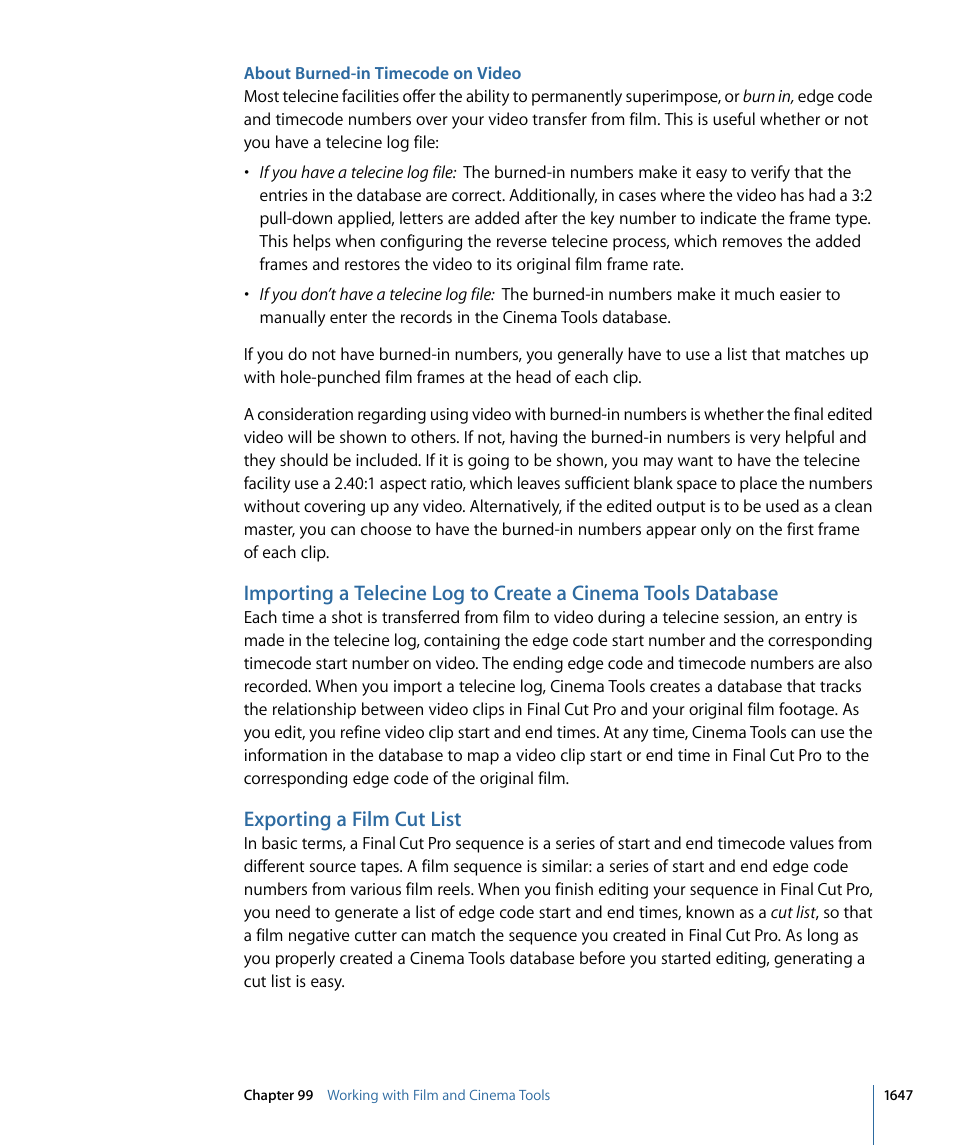 About burned-in timecode on video, Exporting a film cut list | Apple Final Cut Pro 7 User Manual | Page 1647 / 1990