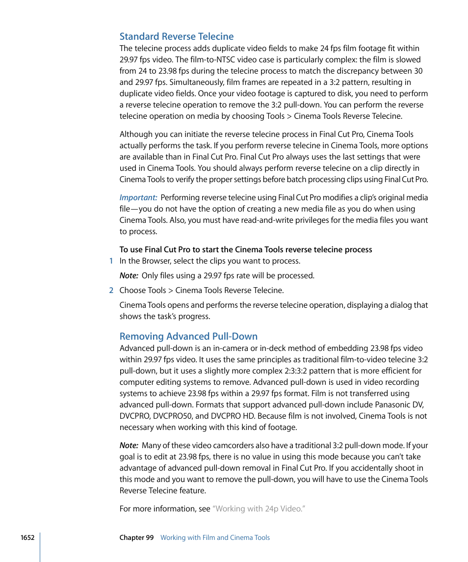 Standard reverse telecine, Removing advanced pull-down | Apple Final Cut Pro 7 User Manual | Page 1652 / 1990