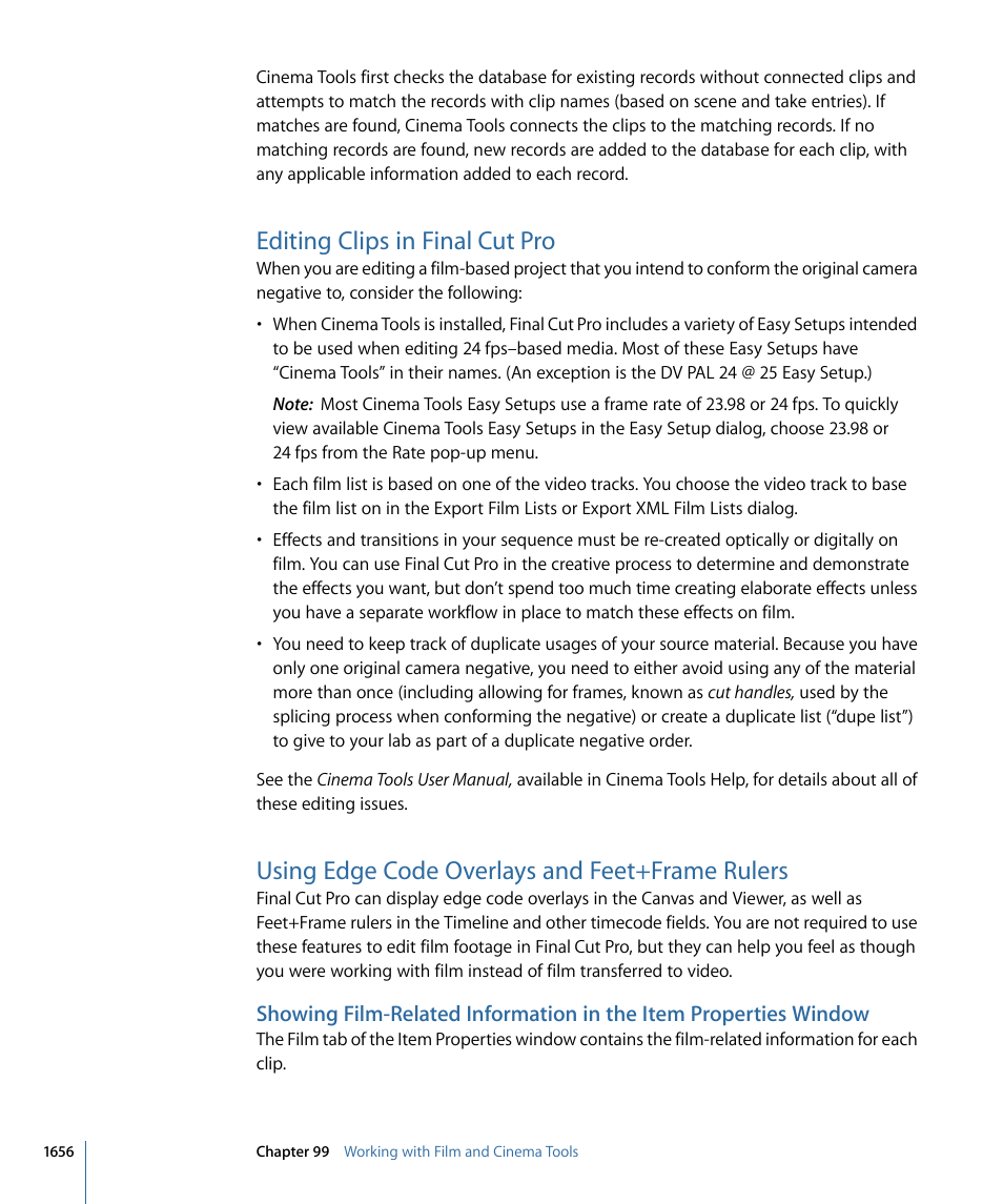 Editing clips in final cut pro, Using edge code overlays and feet+frame rulers | Apple Final Cut Pro 7 User Manual | Page 1656 / 1990