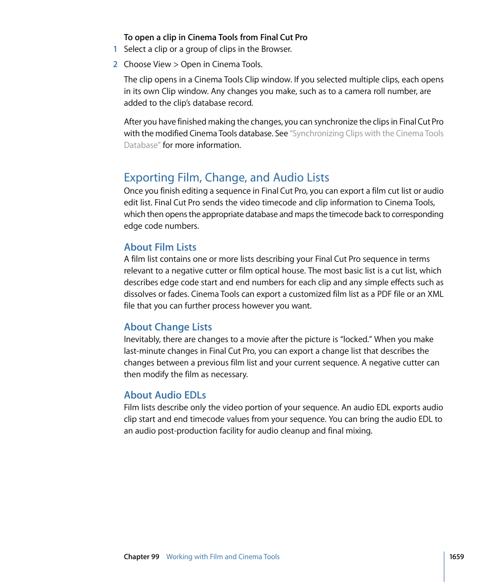 Exporting film, change, and audio lists, About film lists, About change lists | About audio edls | Apple Final Cut Pro 7 User Manual | Page 1659 / 1990