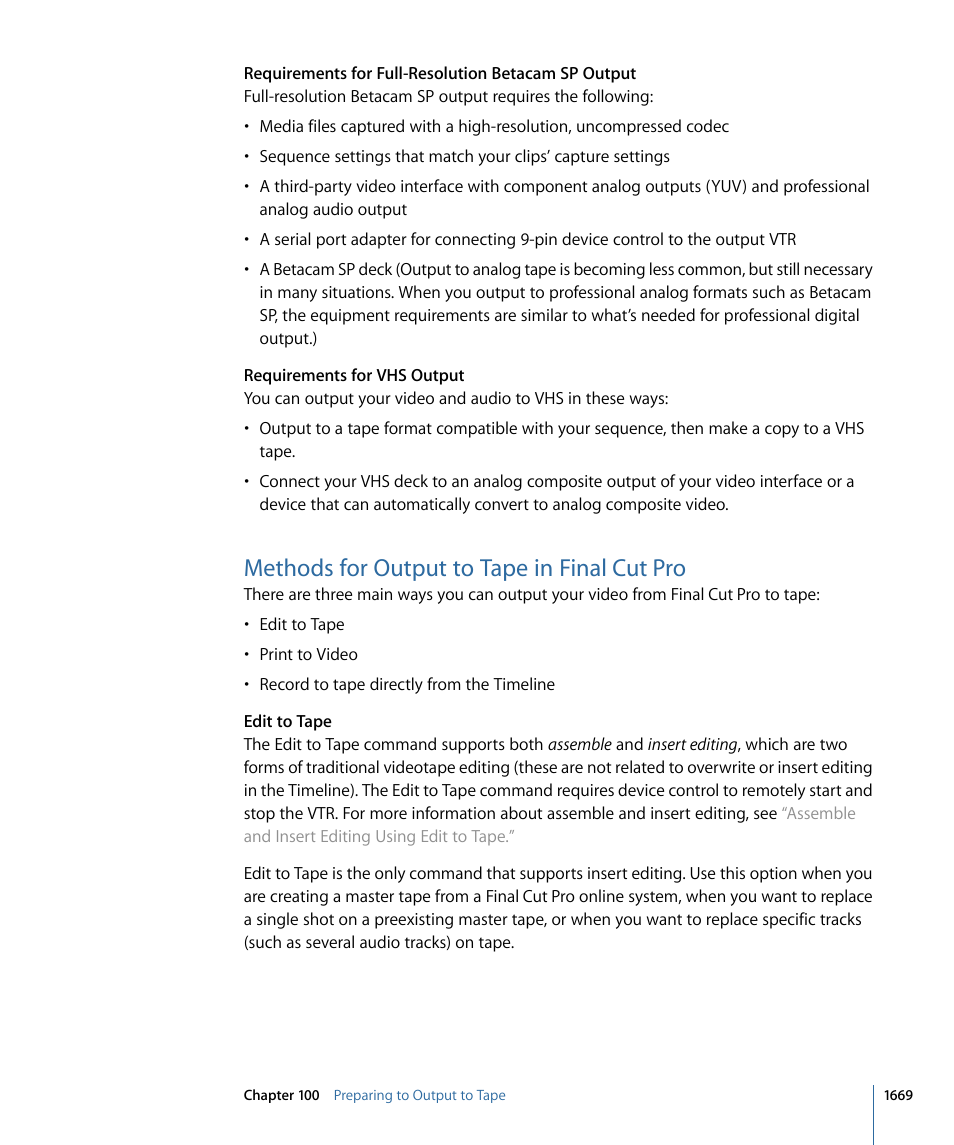 Methods for output to tape in final cut pro | Apple Final Cut Pro 7 User Manual | Page 1669 / 1990