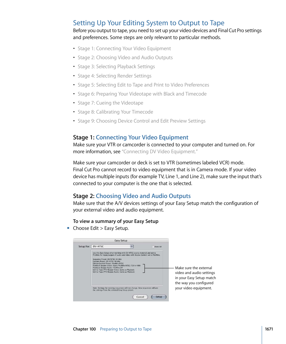 Setting up your editing system to output to tape, Stage 1: connecting your video equipment, Stage 2: choosing video and audio outputs | Apple Final Cut Pro 7 User Manual | Page 1671 / 1990