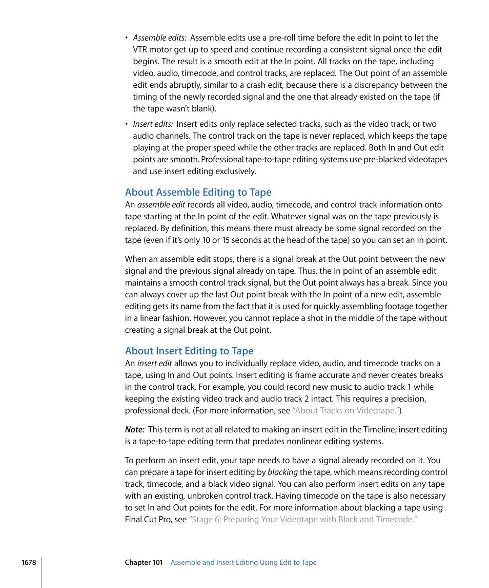 About assemble editing to tape, About insert editing to tape | Apple Final Cut Pro 7 User Manual | Page 1678 / 1990