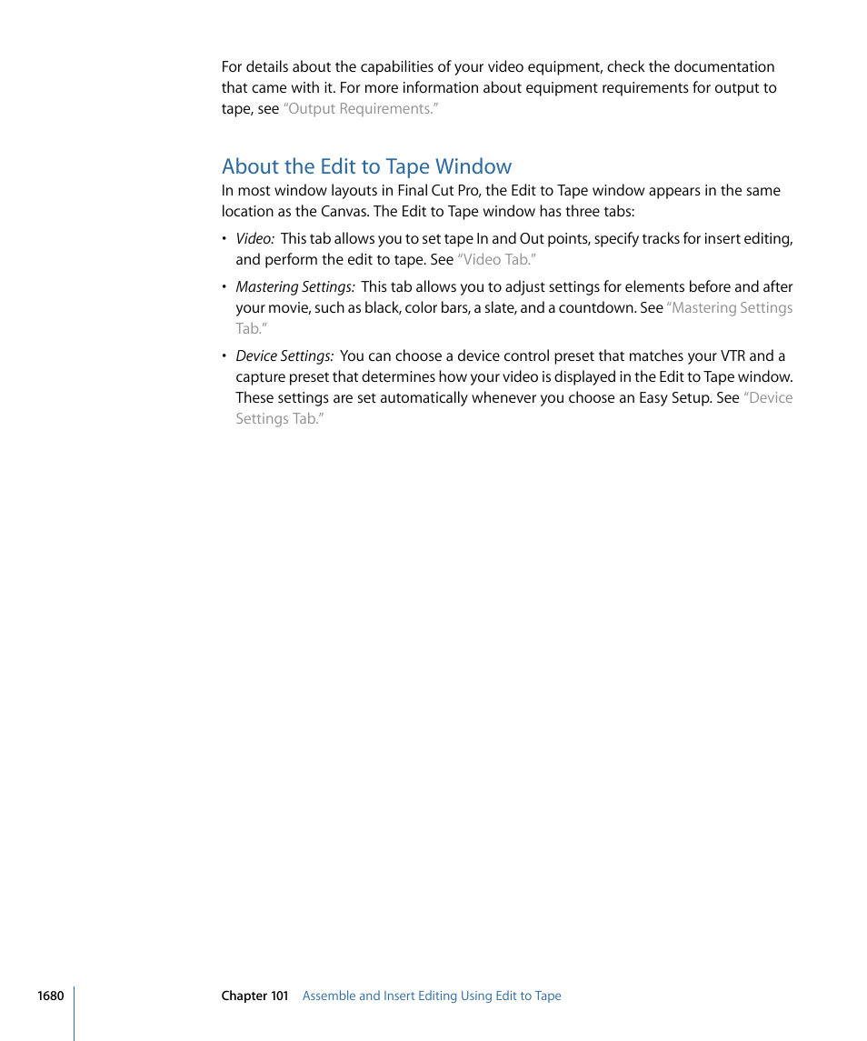 About the edit to tape window | Apple Final Cut Pro 7 User Manual | Page 1680 / 1990