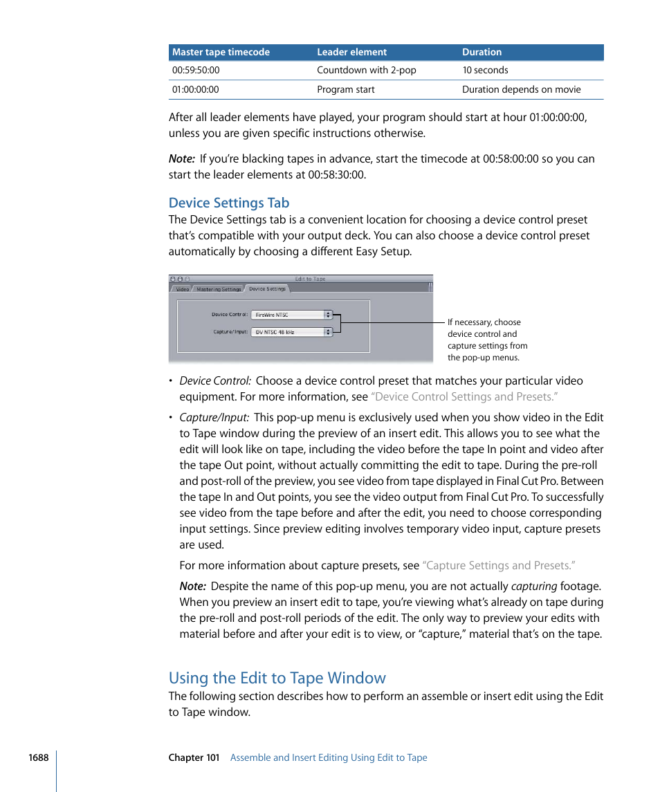 Device settings tab, Using the edit to tape window, Device | Settings tab | Apple Final Cut Pro 7 User Manual | Page 1688 / 1990