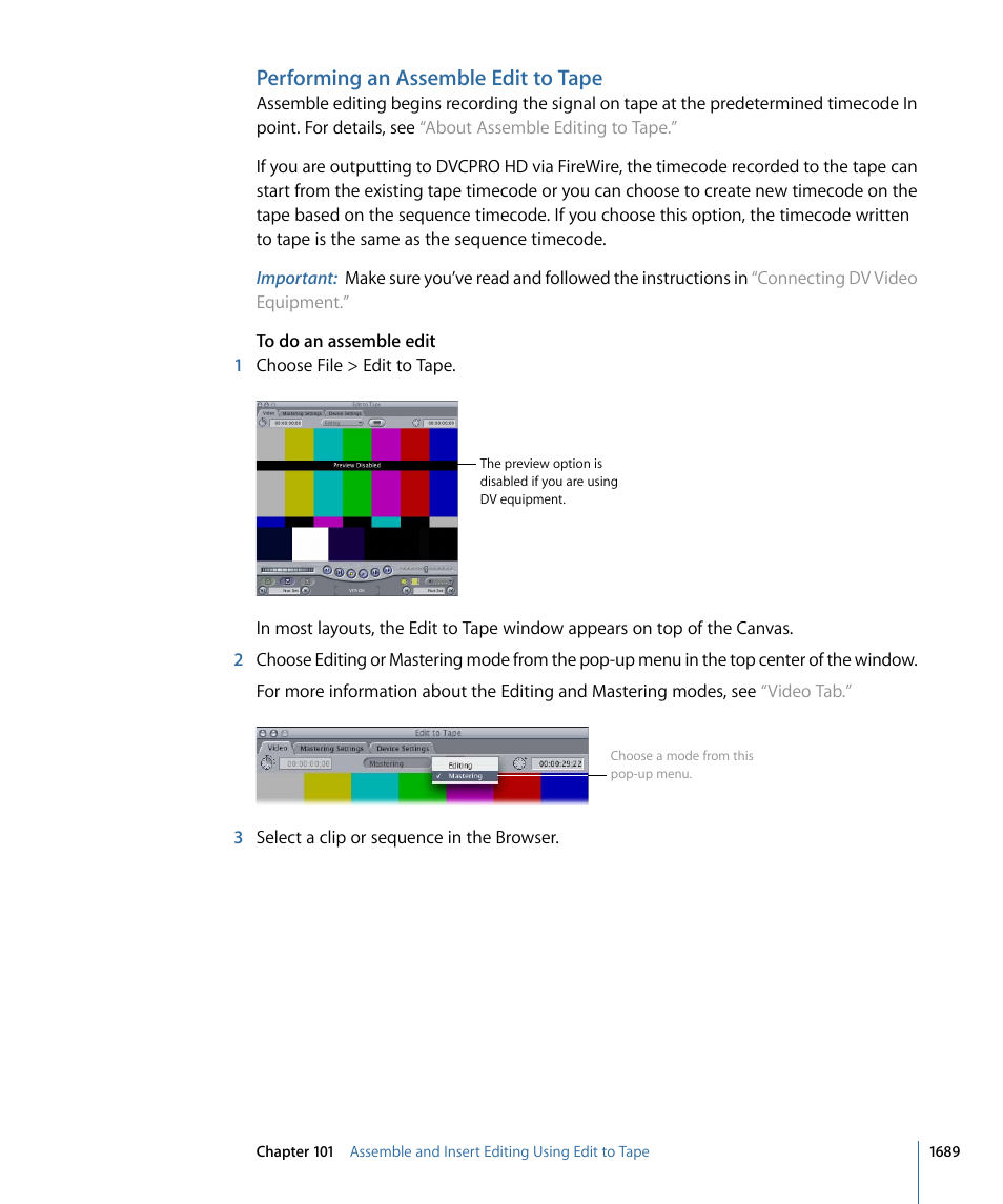 Performing an assemble edit to tape | Apple Final Cut Pro 7 User Manual | Page 1689 / 1990