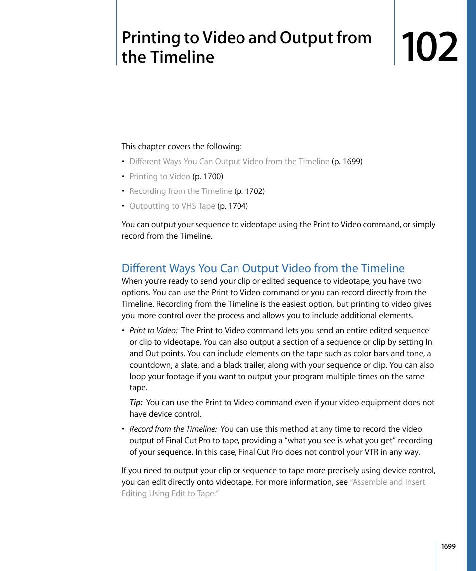 Printing to video and output from the timeline | Apple Final Cut Pro 7 User Manual | Page 1699 / 1990