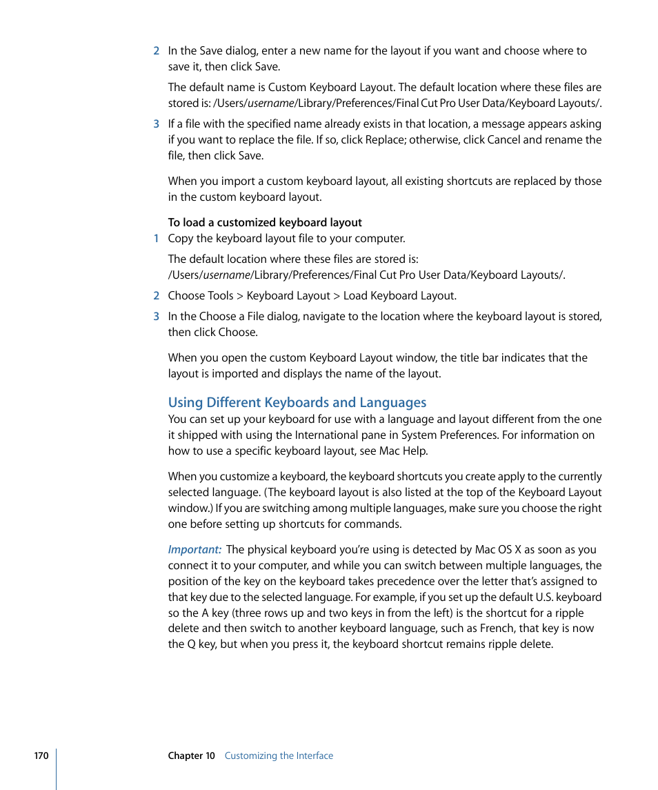 Using different keyboards and languages | Apple Final Cut Pro 7 User Manual | Page 170 / 1990