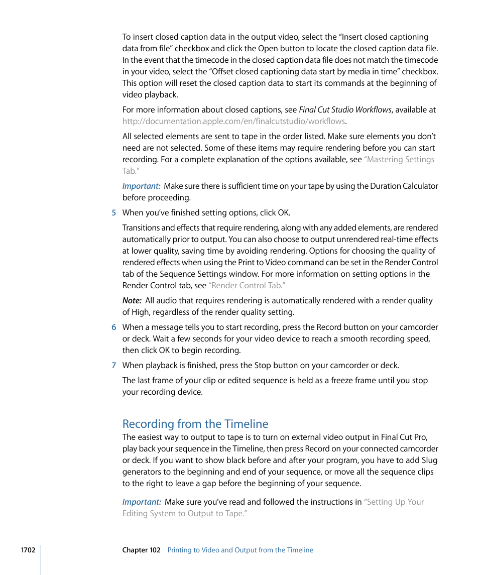 Recording from the timeline | Apple Final Cut Pro 7 User Manual | Page 1702 / 1990