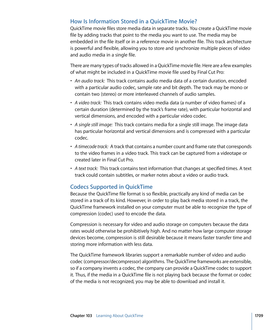 How is information stored in a quicktime movie, Codecs supported in quicktime | Apple Final Cut Pro 7 User Manual | Page 1709 / 1990