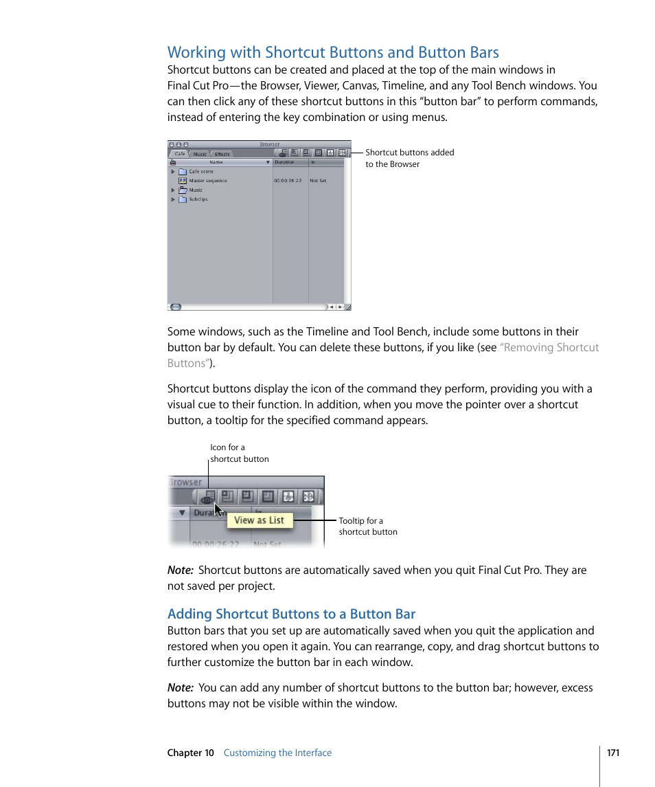 Working with shortcut buttons and button bars, Adding shortcut buttons to a button bar | Apple Final Cut Pro 7 User Manual | Page 171 / 1990