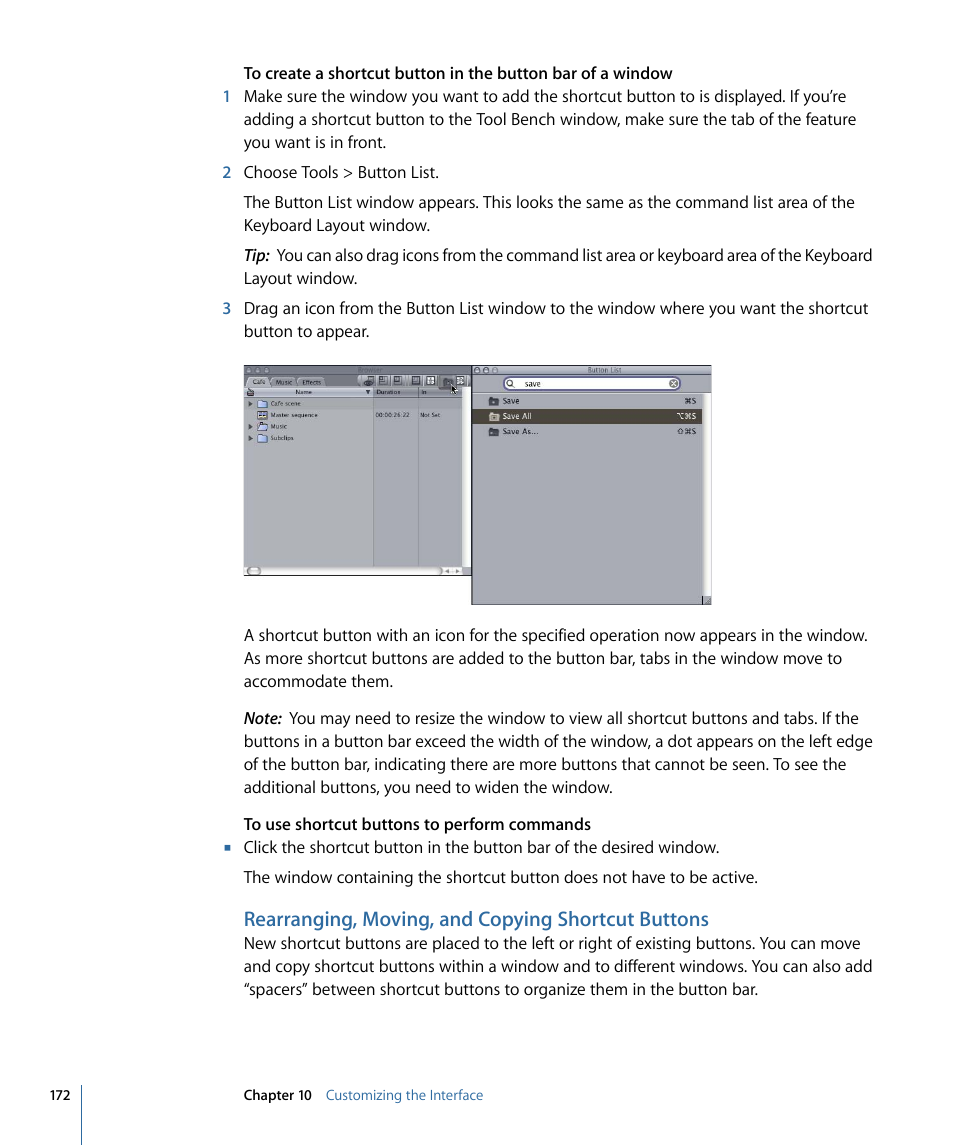 Rearranging, moving, and copying shortcut buttons | Apple Final Cut Pro 7 User Manual | Page 172 / 1990