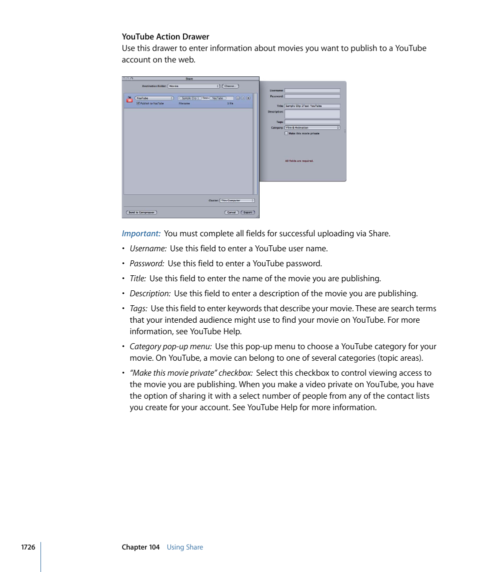 Youtube, Action drawer | Apple Final Cut Pro 7 User Manual | Page 1726 / 1990