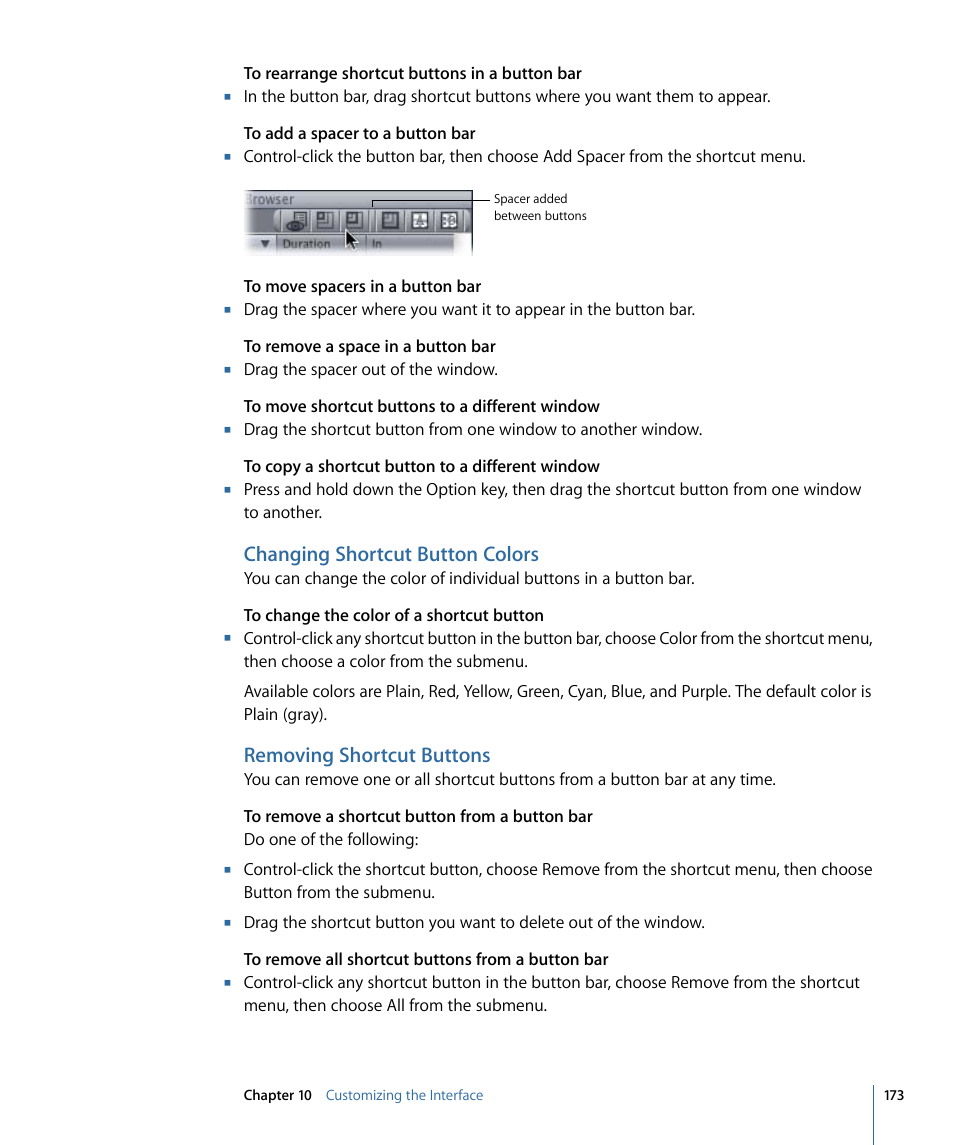 Changing shortcut button colors, Removing shortcut buttons | Apple Final Cut Pro 7 User Manual | Page 173 / 1990