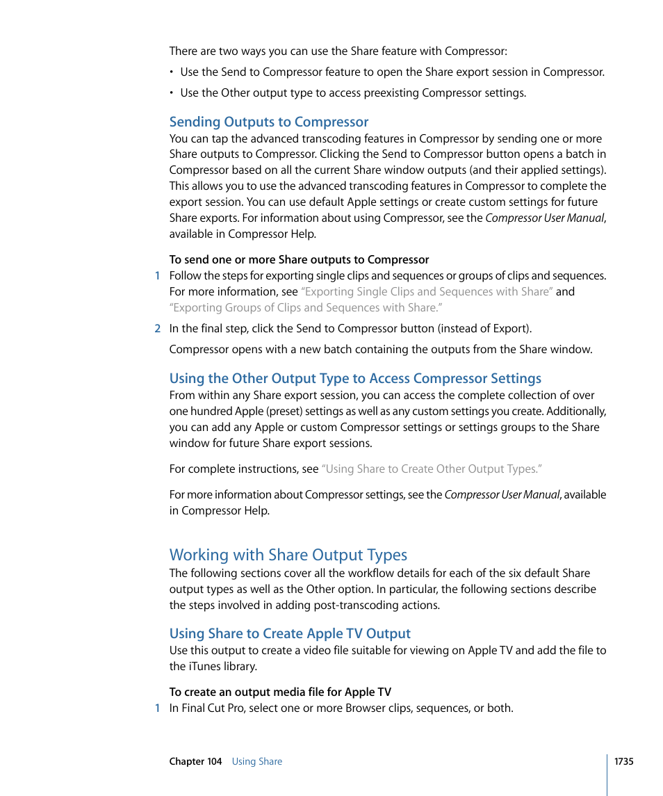 Sending outputs to compressor, Working with share output types, Using share to create apple tv output | Working with share, Output types | Apple Final Cut Pro 7 User Manual | Page 1735 / 1990