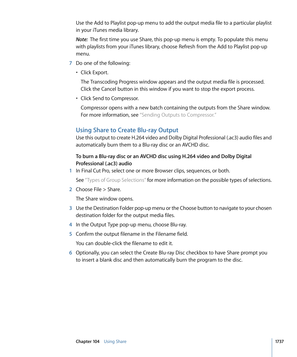 Using share to create blu-ray output | Apple Final Cut Pro 7 User Manual | Page 1737 / 1990