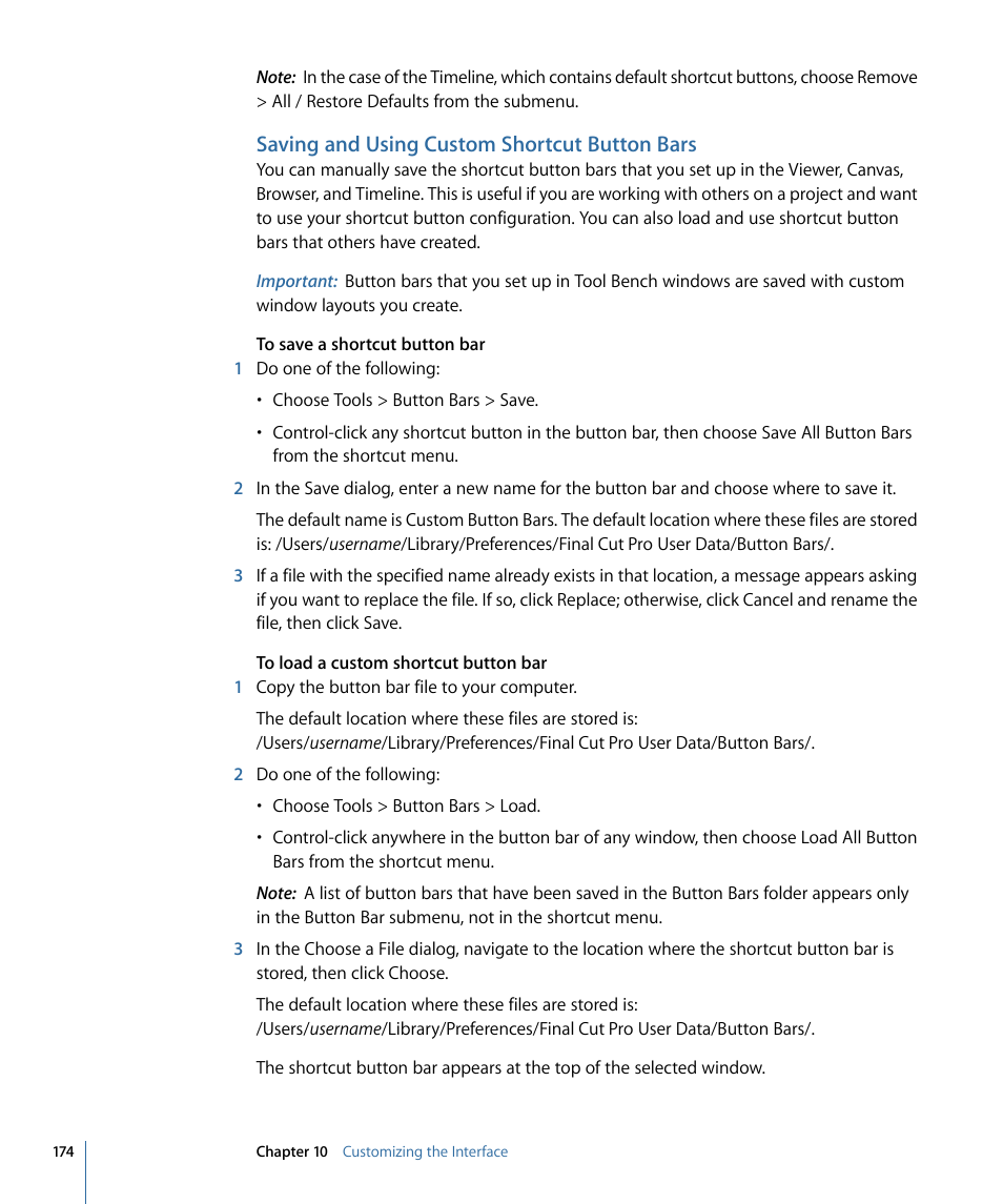 Saving and using custom shortcut button bars | Apple Final Cut Pro 7 User Manual | Page 174 / 1990