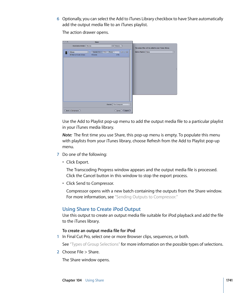 Using share to create ipod output | Apple Final Cut Pro 7 User Manual | Page 1741 / 1990