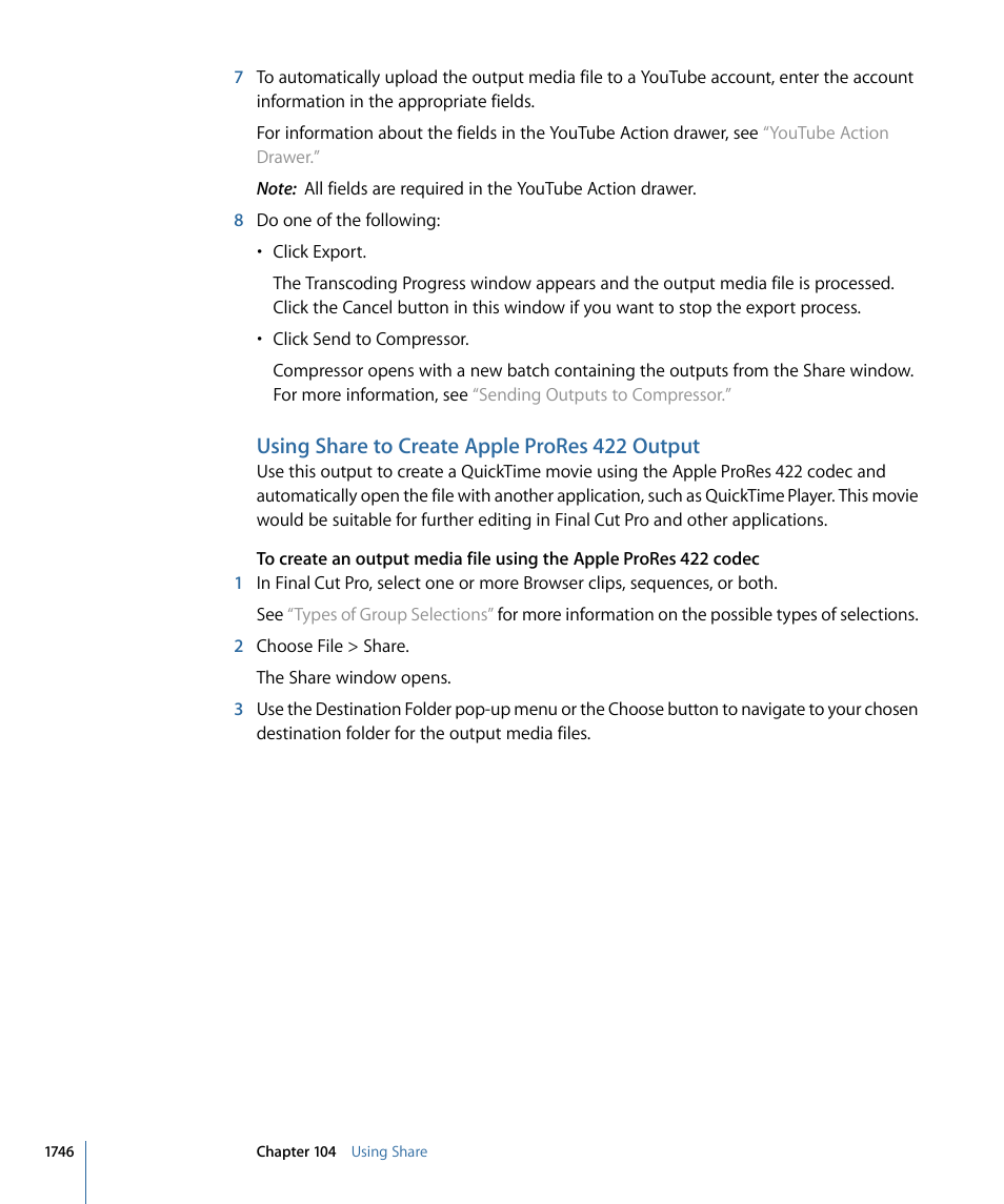 Using share to create apple prores 422 output | Apple Final Cut Pro 7 User Manual | Page 1746 / 1990