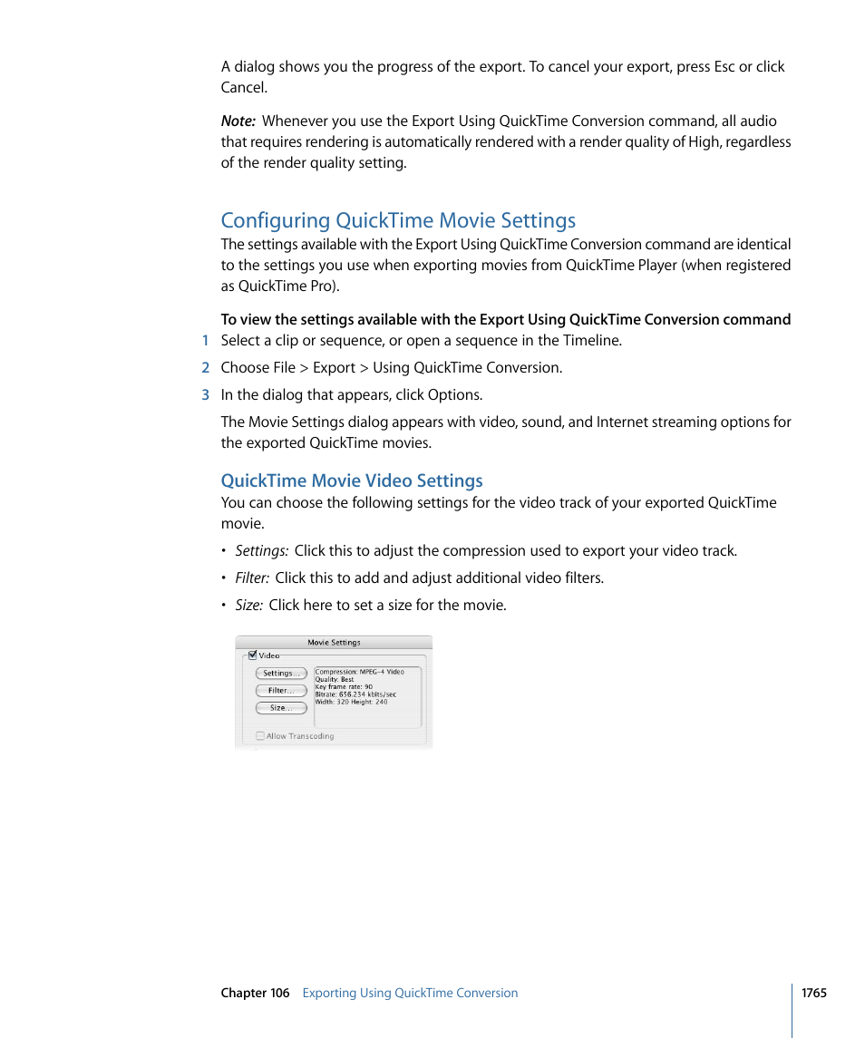 Configuring quicktime movie settings, Quicktime movie video settings | Apple Final Cut Pro 7 User Manual | Page 1765 / 1990