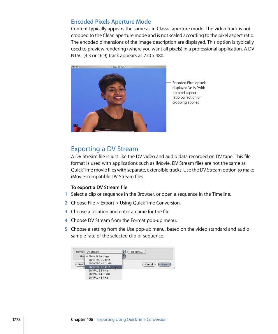 Encoded pixels aperture mode, Exporting a dv stream, Exporting a dv | Stream | Apple Final Cut Pro 7 User Manual | Page 1778 / 1990