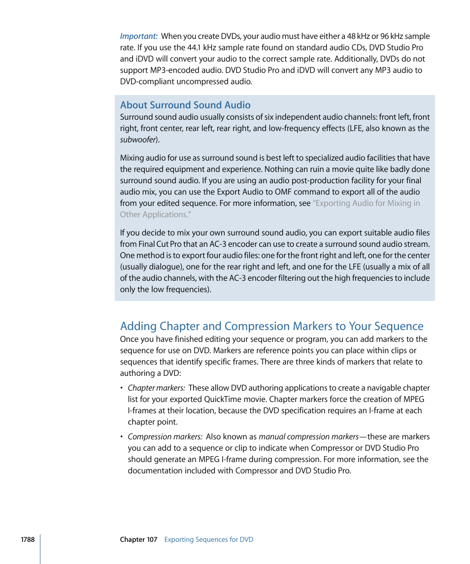 Adding chapter and compression markers, To your sequence, About surround sound audio | Apple Final Cut Pro 7 User Manual | Page 1788 / 1990