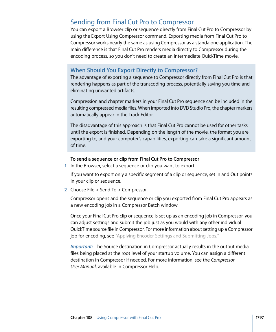 Sending from final cut pro to compressor, Sending from final cut pro to, Compressor | When should you export directly to compressor | Apple Final Cut Pro 7 User Manual | Page 1797 / 1990