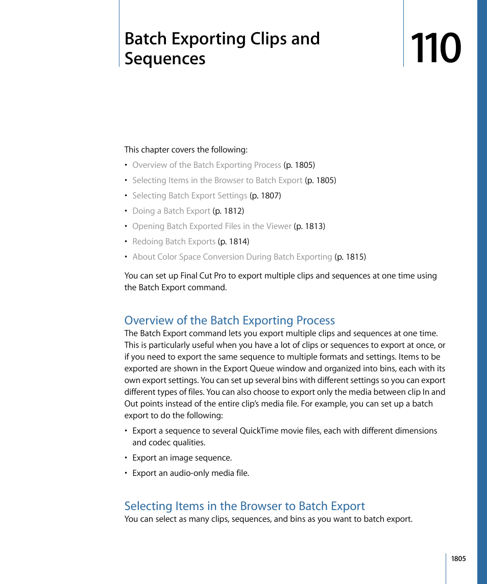 Batch exporting clips and sequences, Overview of the batch exporting process, Selecting items in the browser to batch export | Apple Final Cut Pro 7 User Manual | Page 1805 / 1990