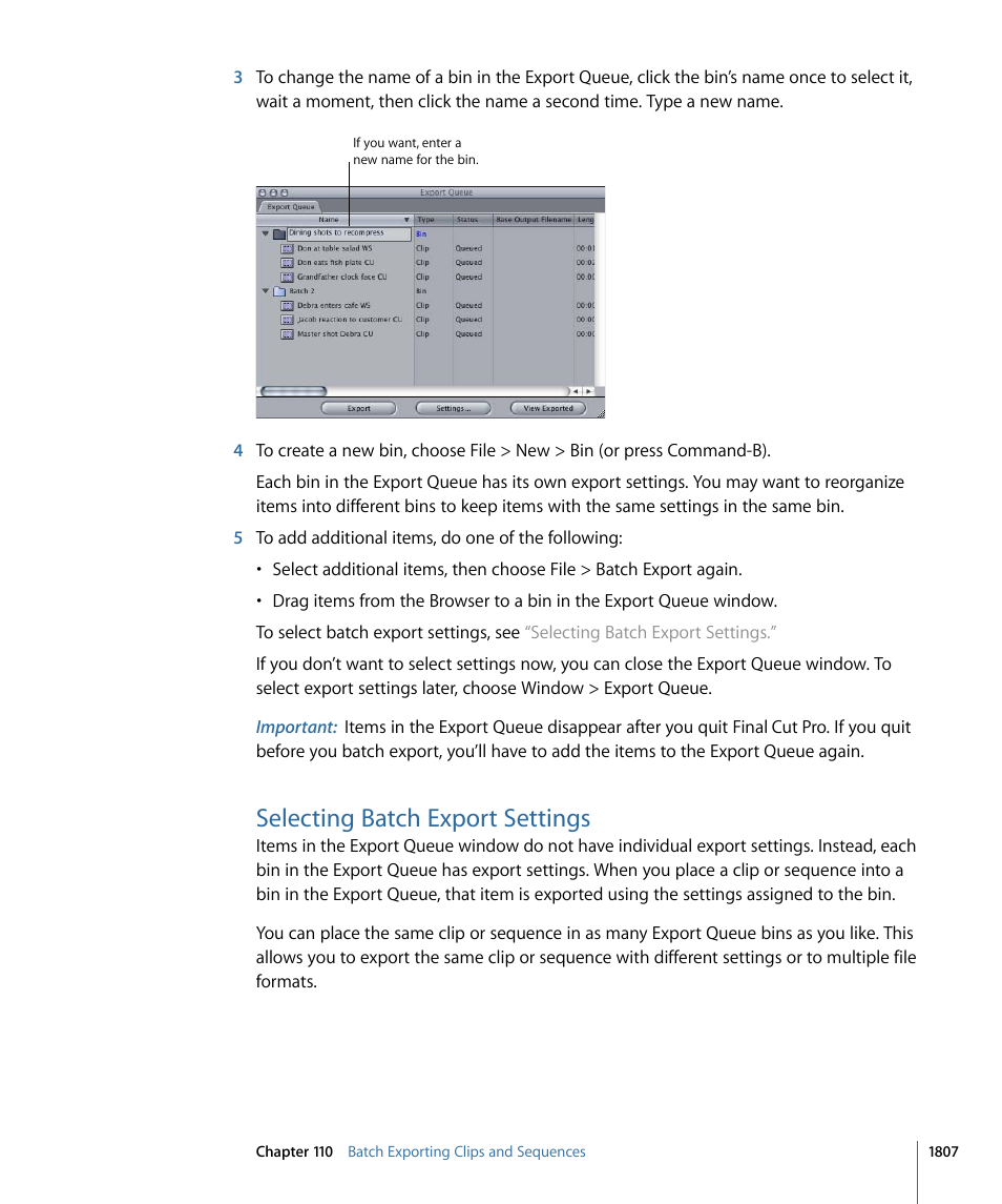 Selecting batch export settings | Apple Final Cut Pro 7 User Manual | Page 1807 / 1990