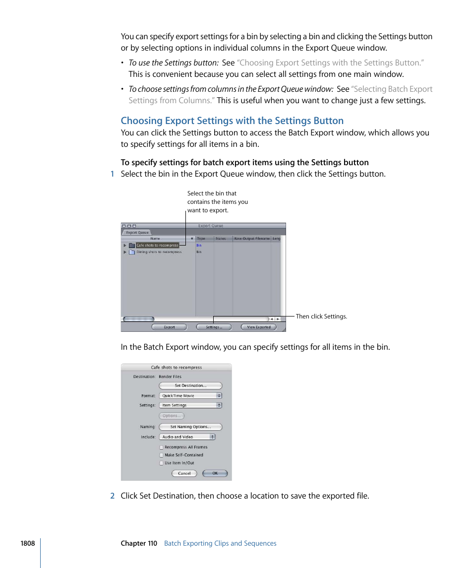 Choosing export settings with the settings button | Apple Final Cut Pro 7 User Manual | Page 1808 / 1990