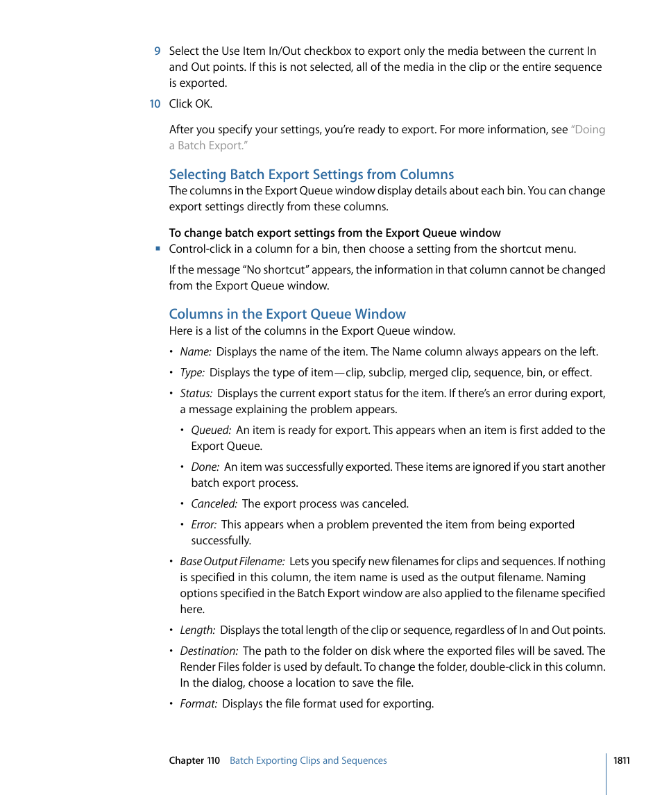 Selecting batch export settings from columns, Columns in the export queue window | Apple Final Cut Pro 7 User Manual | Page 1811 / 1990