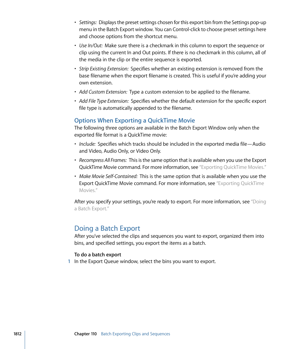 Options when exporting a quicktime movie, Doing a batch export | Apple Final Cut Pro 7 User Manual | Page 1812 / 1990