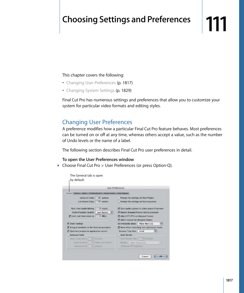 Choosing settings and preferences, Changing user preferences, Choosing settings and | Preferences, Choosing settings, And preferences | Apple Final Cut Pro 7 User Manual | Page 1817 / 1990