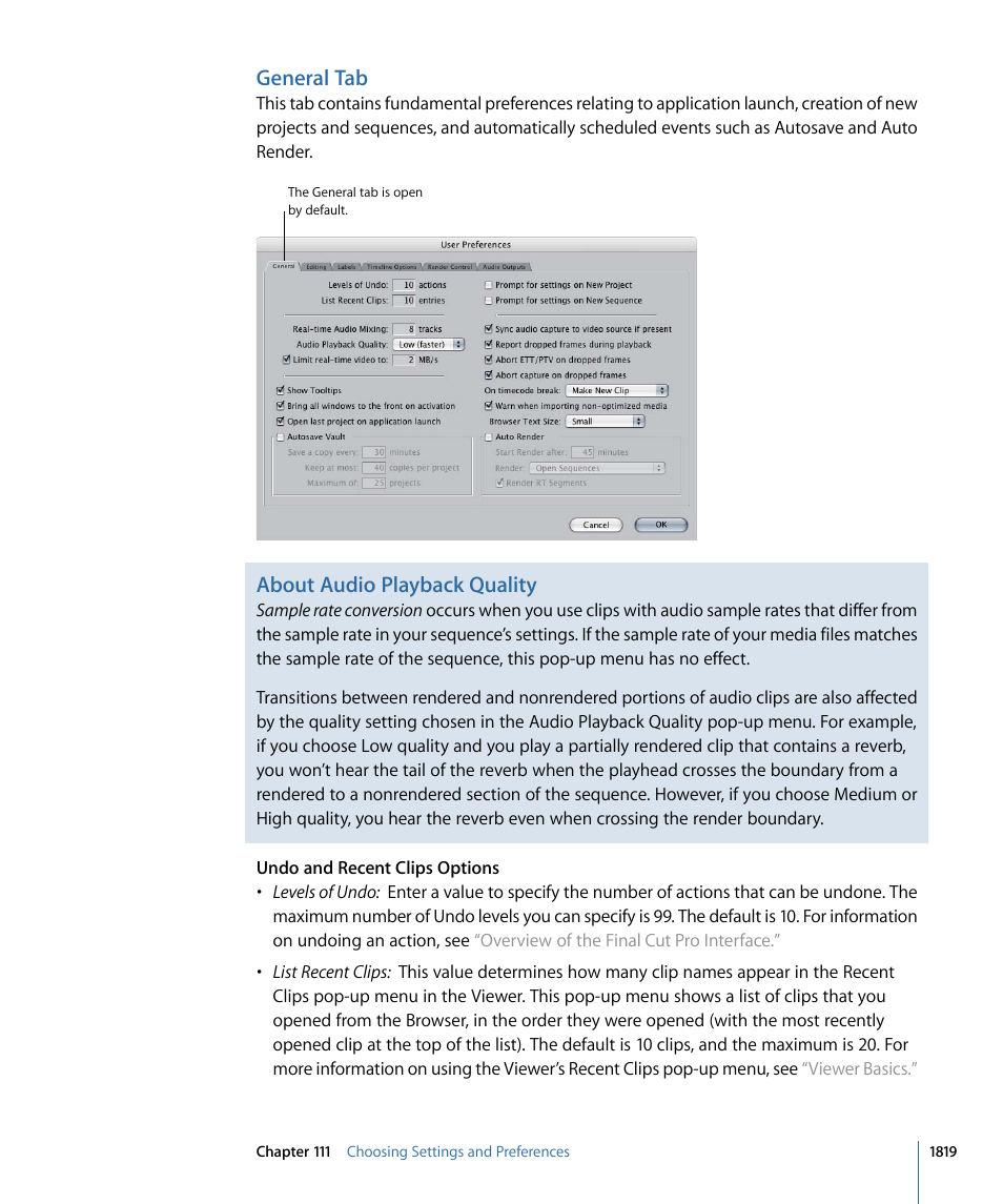 General tab, About audio playback quality | Apple Final Cut Pro 7 User Manual | Page 1819 / 1990