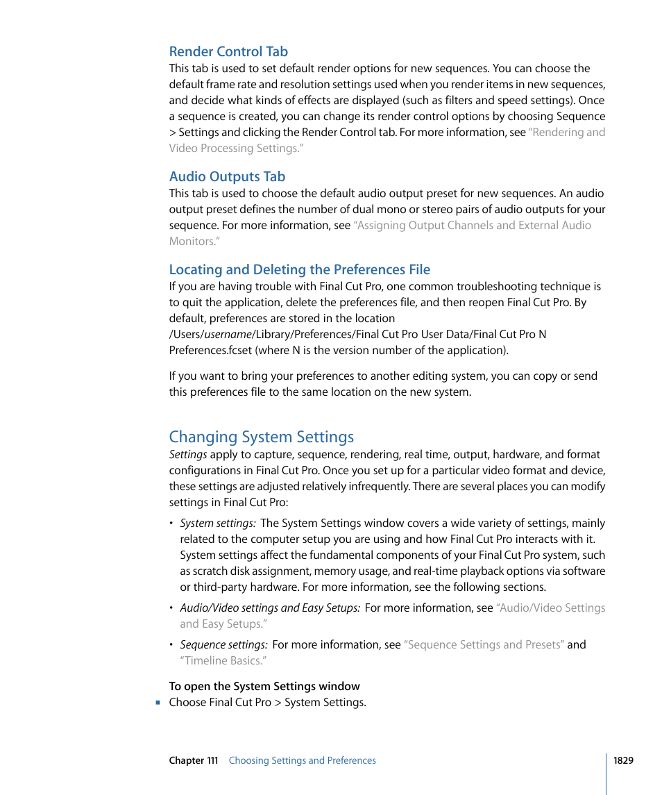 Render control tab, Audio outputs tab, Locating and deleting the preferences file | Changing system settings | Apple Final Cut Pro 7 User Manual | Page 1829 / 1990