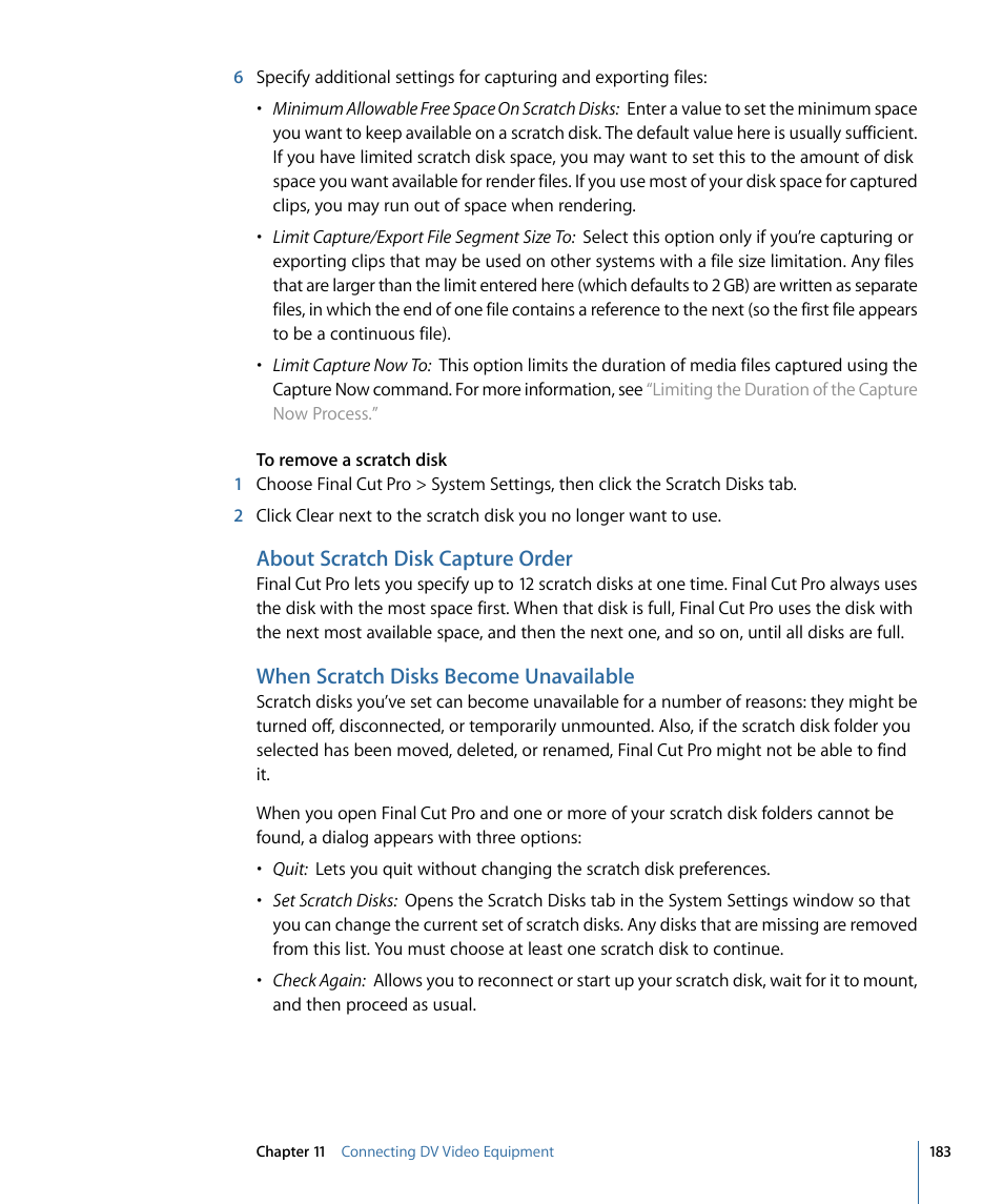 About scratch disk capture order, When scratch disks become unavailable | Apple Final Cut Pro 7 User Manual | Page 183 / 1990