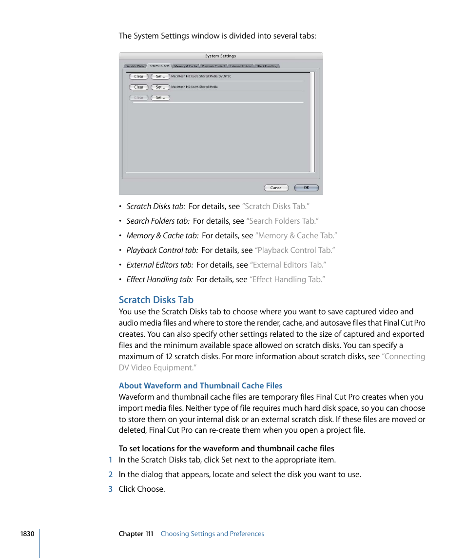 Scratch disks tab, About waveform and thumbnail cache files | Apple Final Cut Pro 7 User Manual | Page 1830 / 1990