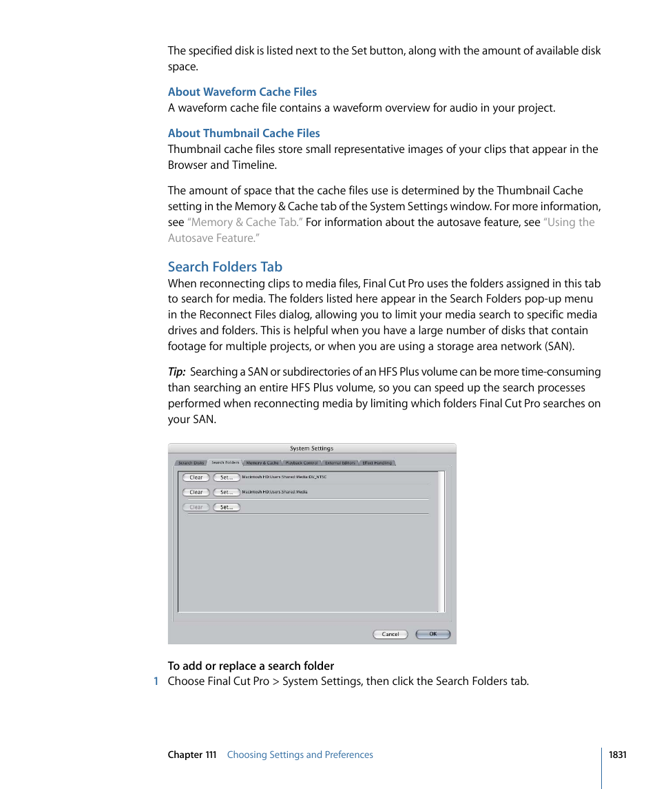 About waveform cache files, About thumbnail cache files, Search folders tab | Search, Folders tab | Apple Final Cut Pro 7 User Manual | Page 1831 / 1990