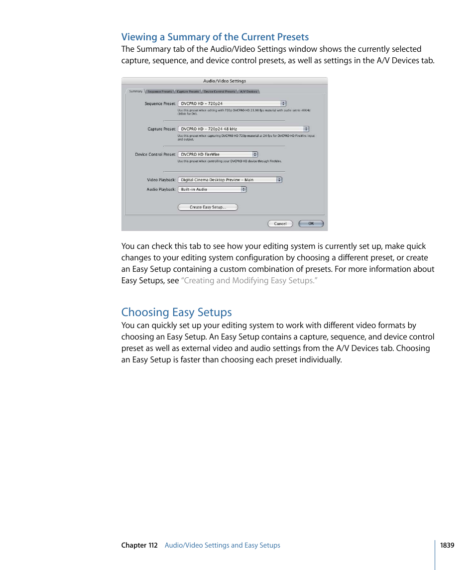 Viewing a summary of the current presets, Choosing easy setups | Apple Final Cut Pro 7 User Manual | Page 1839 / 1990